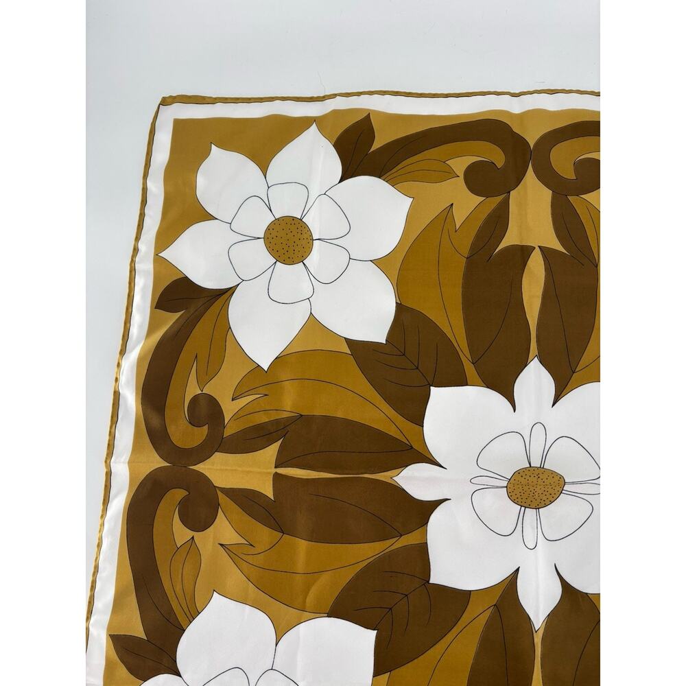 Vintage Uena Scarf Womens Brown White Floral Blossoms Square Silk Retro Sheer - Picture 4 of 9